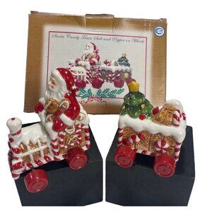 Christmas Holiday Ceramic Santa Candy Train Salt And Pepper On Wheels